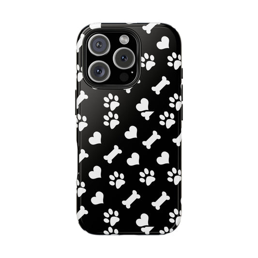 Dog Paw & Bone Tough Phone Case — Black Protective Pet Pattern
